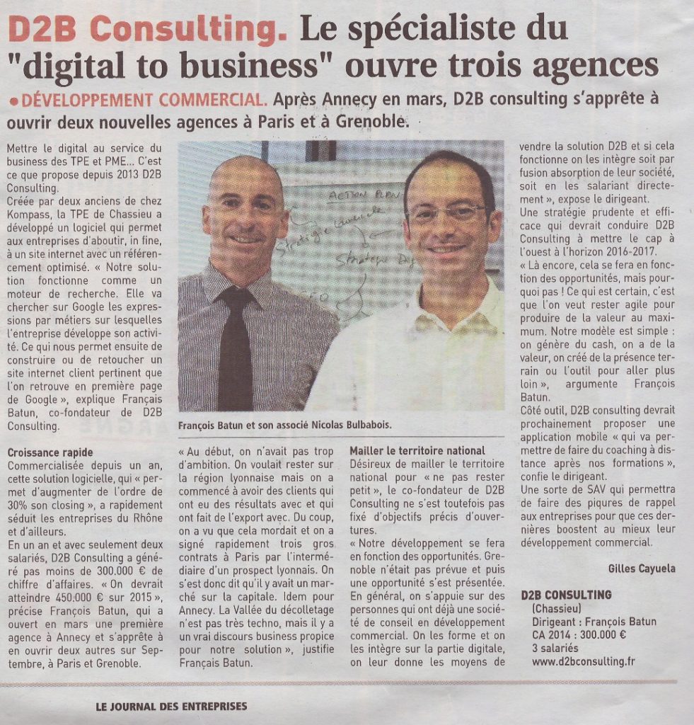 D2B dans le Journal des Entreprises Septembre 2015